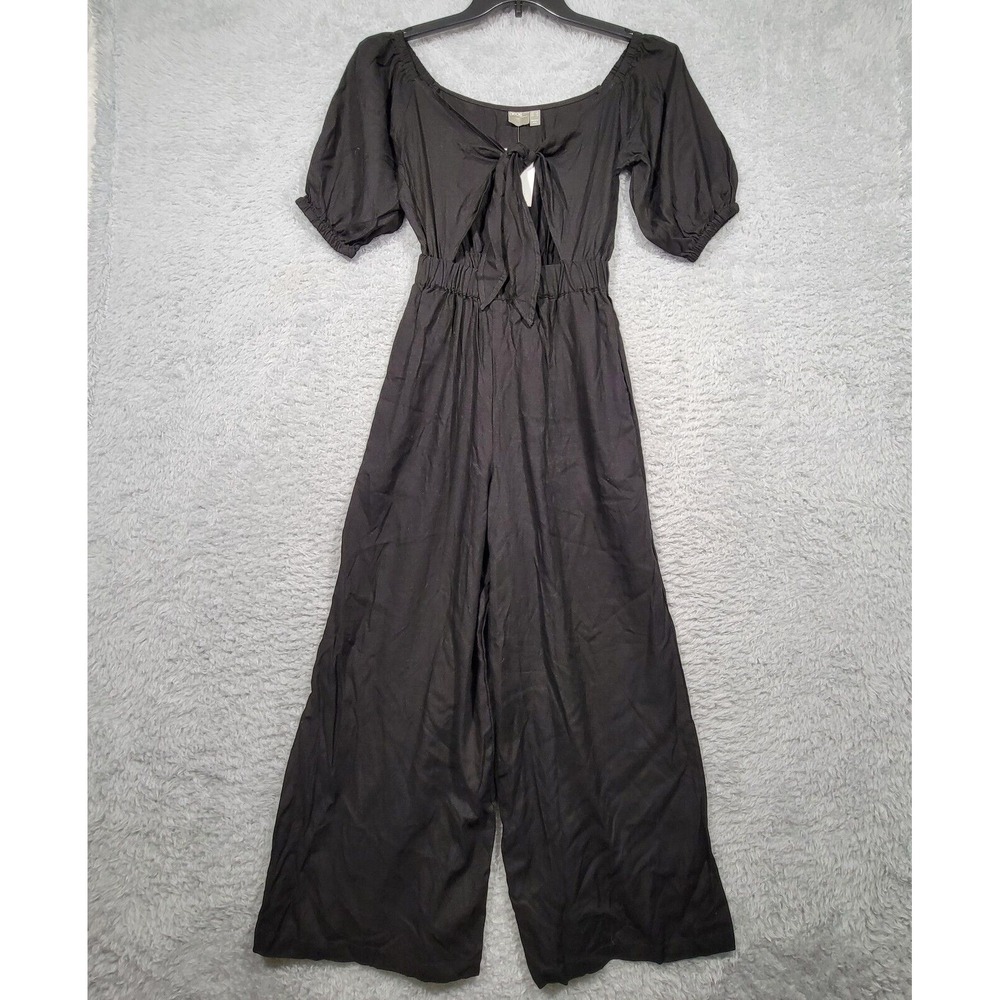 ASOS Jumpsuit Womens Size 0 Black Tie Front Cutout Puff Sleeve Wide Leg